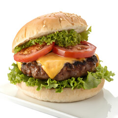 Juicy Cheeseburger: Gourmet Burger Recipe Inspiration with Sesame Seed Bun, Melted Cheese, and Fresh Tomato