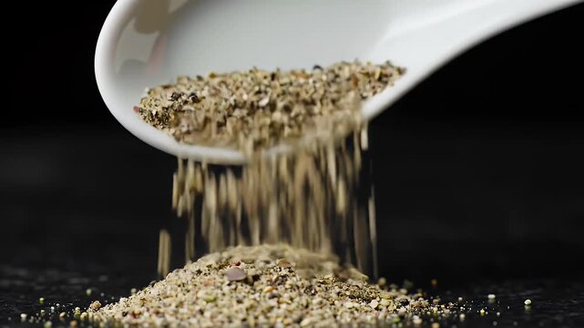 Ground Black Pepper in White Porcelain Spoon Culinary Ingredient with High Angle View Against Dark Background For Flavoring and Gourmet Cooking Advertising and Promotion