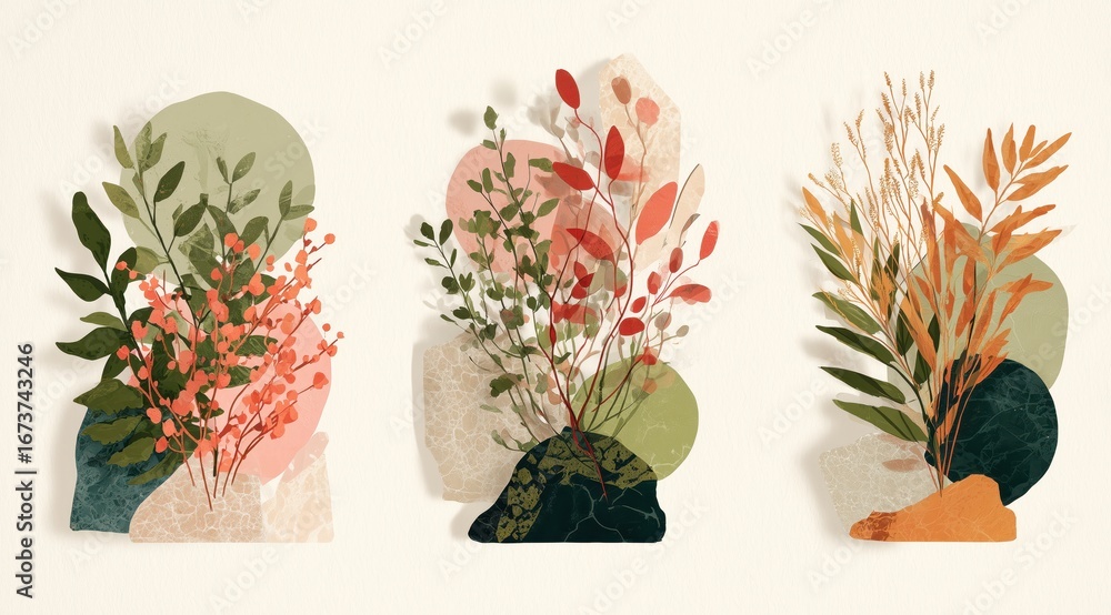 Poster floral elegance in abstract forms: an array of botanical illustrations, adorned with delicate leaves