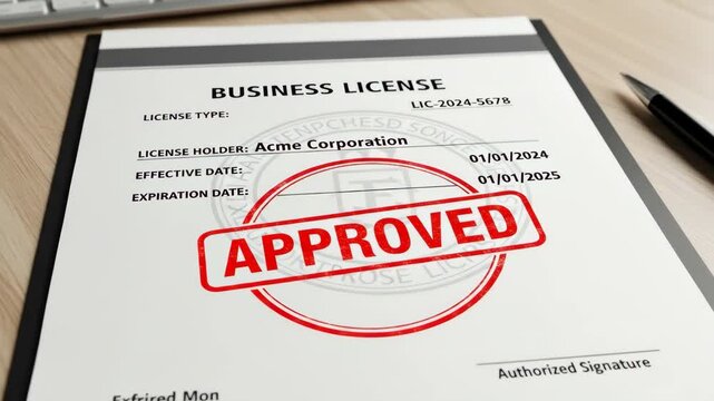 Approved Business License Document - Close-up shot of an official business license document with a red "APPROVED" stamp, showing the license holder, effective date, and expiration date.