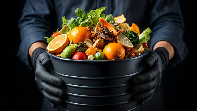 Hands in black gloves holding a compost bin full of fresh organic food waste for recycling and a sustainable lifestyle