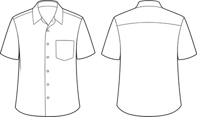 Short sleeve shirt technical sketch, front and back view, flat vector illustration, cad drawing, fashion template, garment design, apparel construction