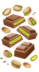 Milk chocolate with pistachio filling and shelled pistachio nuts isolated on white background, sweet dessert or snack image