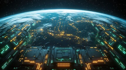 Futuristic view of Earth from a spaceship portal