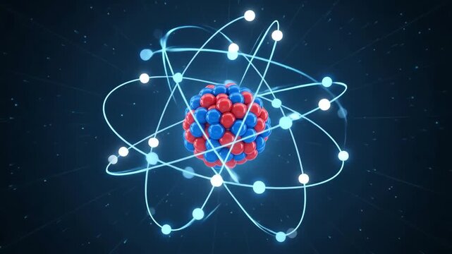 Atom Core with Orbiting Electrons - A detailed 3D animation of an atom's core, featuring red and blue spheres representing protons and neutrons, surrounded by orbiting electrons in glowing trails.
