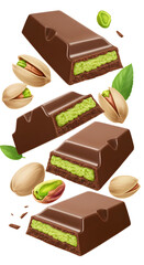 Chocolate bars filled with creamy pistachio filling surrounded by pistachio nuts and green leaves, ideal for dessert menus and snack advertisements