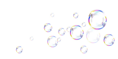 Iridescent soap bubbles in various sizes shimmer with rainbow reflections against a transparent backdrop. The elegant, airy elements add a magical, dreamy touch to any composition.
