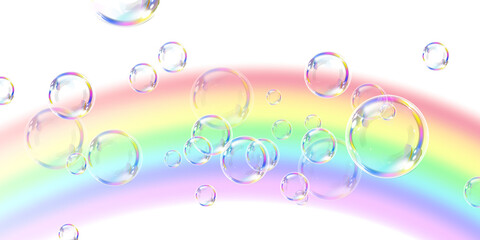 Iridescent soap bubbles in various sizes shimmer with rainbow reflections against a transparent backdrop. The elegant, airy elements add a magical, dreamy touch to any composition.