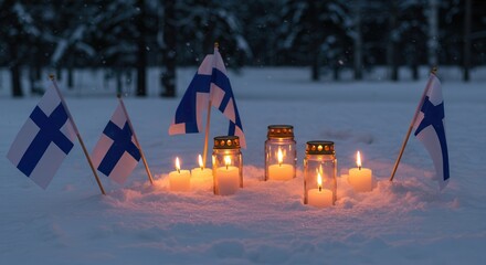 Finland Independence Day Candles and Flags in Snowy Winter Sunset