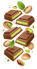Fototapeta premium Pieces of pistachio chocolate with whole and shelled pistachio nuts and green leaves, isolated on white, perfect for dessert or snack designs