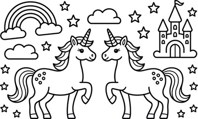 Adorable Line Art Unicorns, Rainbow, Castle, Stars: Children's Coloring Page