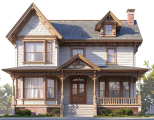Obraz premium Angled Perspective of a Vintage Victorian Home with Decorative Facade, 3D Render