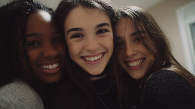 Happy Young Women Friends Smiling and Hugging Indoors