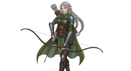 Fantasy Elf Archer with Silver Hair and Green Tunic on Transparent Background Holding Bow and Arrow in a Heroic Stance Wearing Ornate Armor