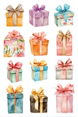 Watercolor gift boxes in pastel colors, various patterns and ribbons