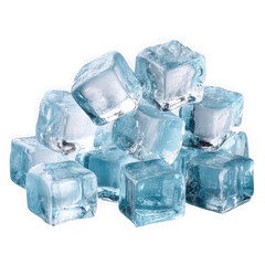 A pile of clear transparent ice cubes with sharp edges and frosty surfaces representing coldness and refreshment isolated on transparent background