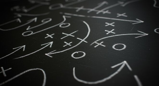 Strategic Game Plan Drawn with Chalk on a Black Chalkboard