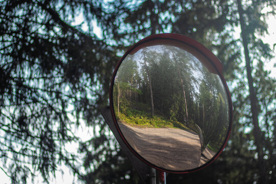 A round convex mirror reflects a quiet dirt road surrounded by tall trees and lush forest vegetation in natural daylight.