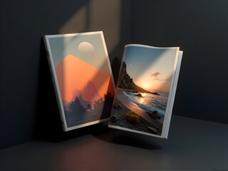 Magazine Display with Nature Scenery and Mountain Landscape