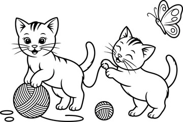 Playful Kittens with Yarn and Butterfly: Adorable Cartoon Line Art Illustration