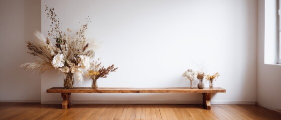 Elegant Floral Arrangement on Wooden Bench in Bright, Minimalist Interior Space.