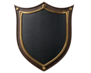 Wooden shield with gold trim, classic medieval style, isolated on transparent background, symbolizing protection, security, and honor, suitable for academic or heraldic design
