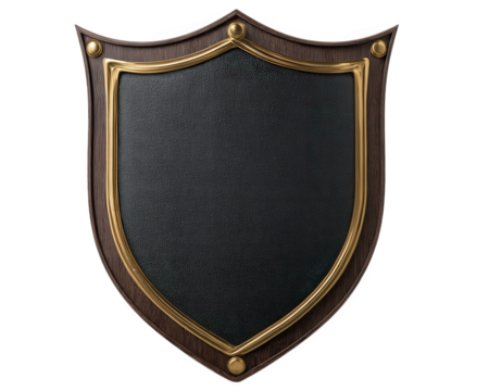 Wooden shield with gold trim, classic medieval style, isolated on transparent background, symbolizing protection, security, and honor, suitable for academic or heraldic design