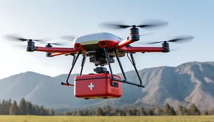 Medical Drone Flying Over Mountain Landscape with Red First Aid Box