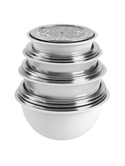 Obraz premium Stacked white bowls with metallic lids