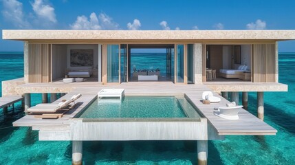 Fototapeta premium Luxury overwater villa with private pool in tropical blue ocean