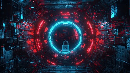 Fototapeta premium Digital lock symbol within a glowing circuit board tunnel.