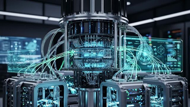 Quantum Computer Processing Data - A high-performance quantum computer with glowing circuits processes data, surrounded by servers displaying complex information.