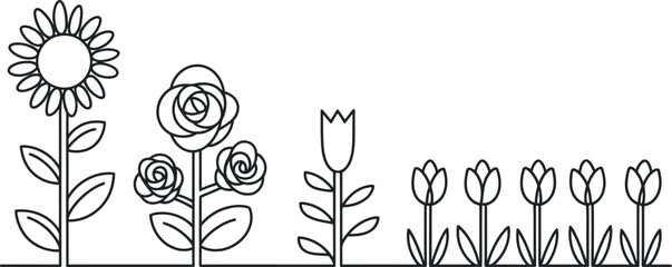 Simple Line Art Floral Design: Sunflowers, Roses, Tulips, Spring