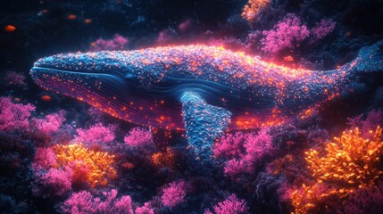 Glowing whale, coral reef, ocean, digital art, fantasy, background