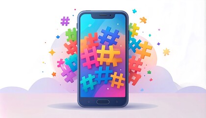 Colorful phone with hashtag confetti