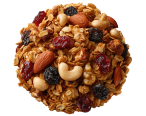 Granola cereal mix healthy snack with oat almond cashew walnut dried cranberry raisin and honey providing nutritious and crunchy texture for breakfast or snack enjoyment