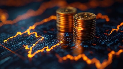 Gold coins on market graph, financial growth