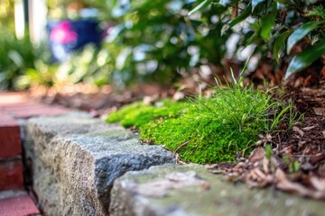 Obraz premium Moss growing between weathered stones at the edge of a brick walkway