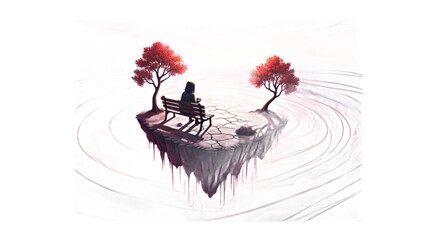 Floating Island Landscape with Pink Sunset Trees and Pixelated Water in a Fantasy Scene