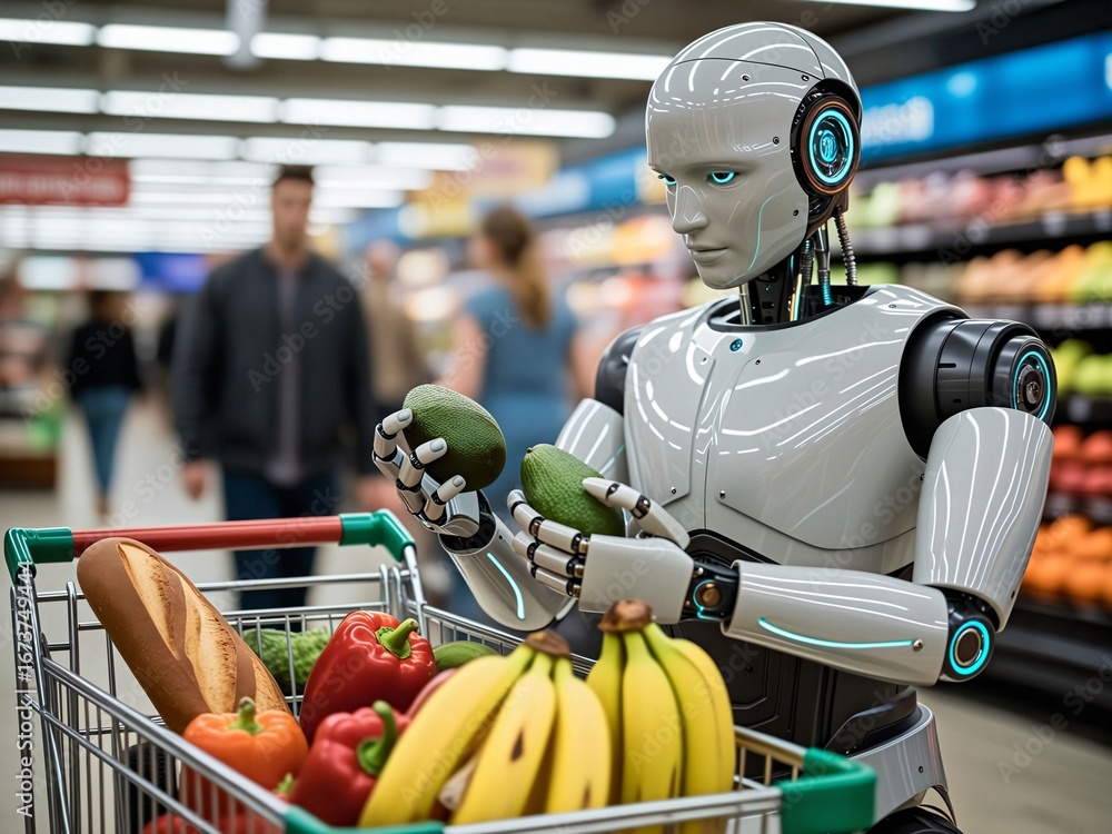 Poster household service robot shopping for groceries at the supermarket. humanoid android robot. artificia