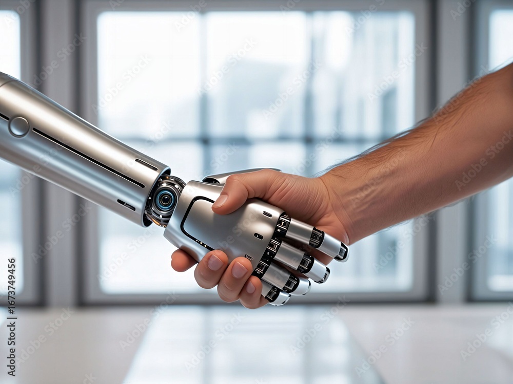 Fototapete closeup of handshake between a human and an ai robot. shaking hands between human and cyborg robot. 