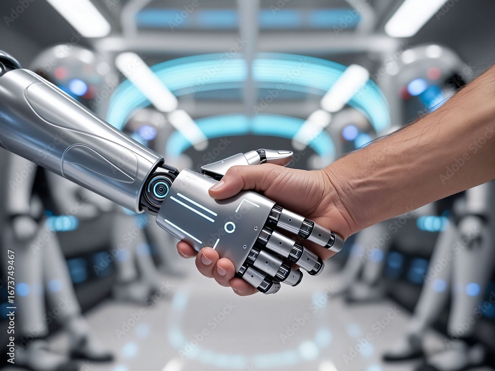 Fototapete closeup of handshake between a human and an ai robot. shaking hands between human and cyborg robot. 