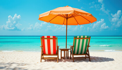 Relaxing beach chairs under sunshade tropical shoreline scenic view calm environment vacation concept