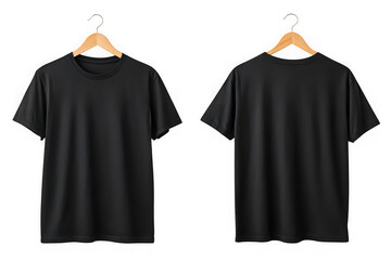 Two plain black t shirts displayed front and back on wooden hangers isolated on transparent background