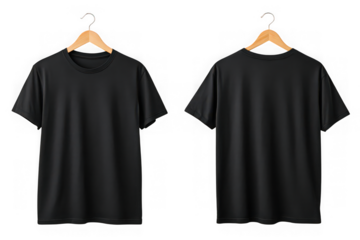 Two plain black t shirts displayed front and back on wooden hangers isolated on transparent background