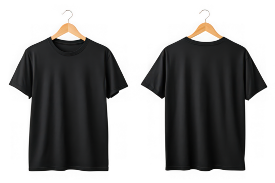 Two plain black t shirts displayed front and back on wooden hangers isolated on transparent background