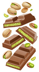 Fototapeta premium Milk chocolate bars with pistachio filling and whole pistachio nuts, isolated on white background, perfect for dessert and snack promotions