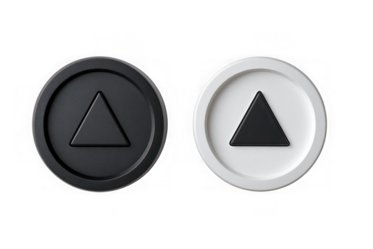 Two dalgona candy shapes a circle with a triangle inside and a white circle with a black triangle isolated on transparent background