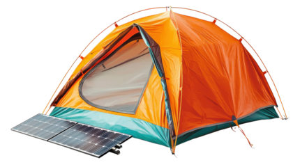 Orange camping tent with open door and portable solar panel on transparency background