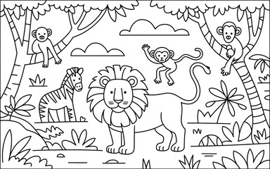 Adorable Line Art Safari Animals: Lion, Zebra, Monkeys in Jungle © Mostshampa
